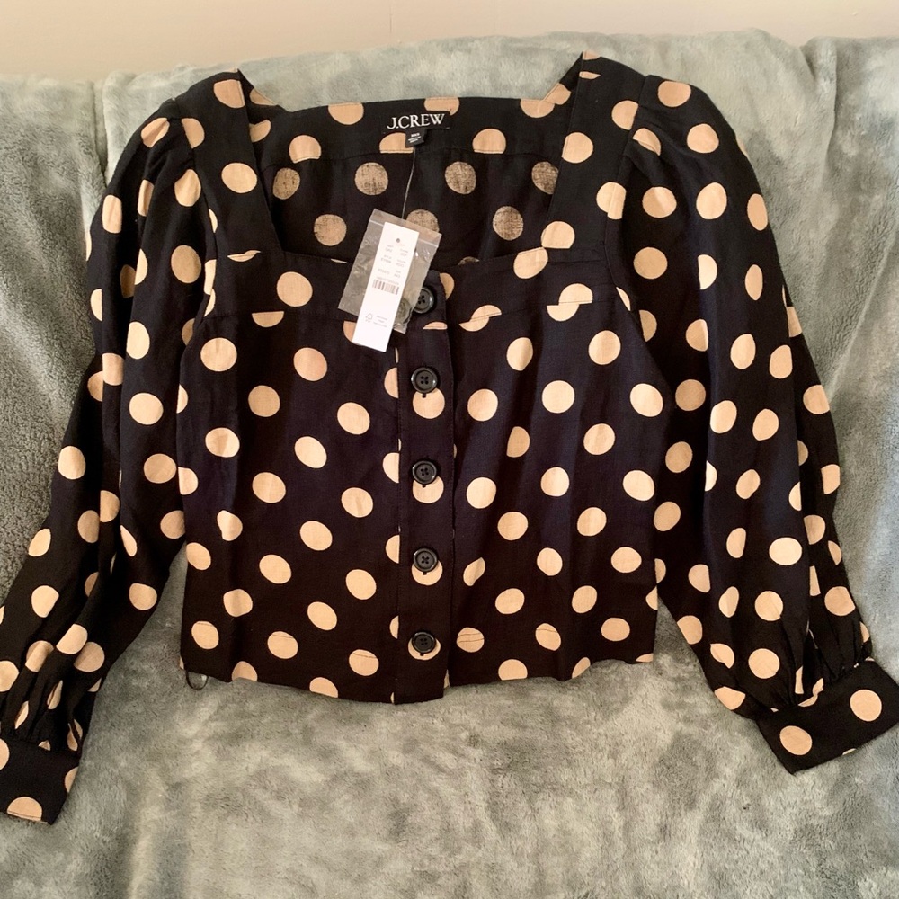 NWT J Crew Square Neck Polka Dot Linen Blouse - Picture 3 of 6